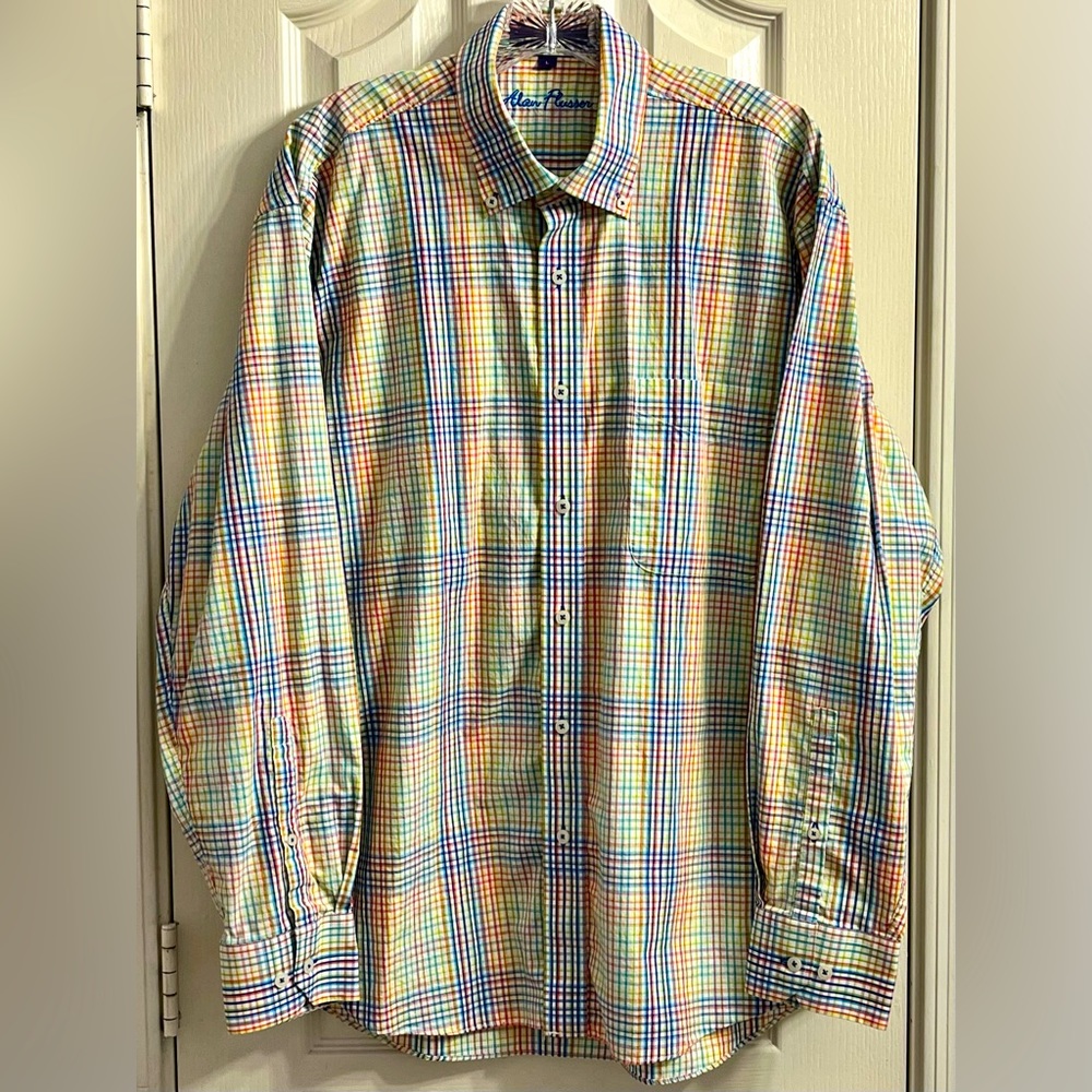 Alan Flusser Button Down Multicolored Plaid Long Sleeve Dress Shirt Cotton Large